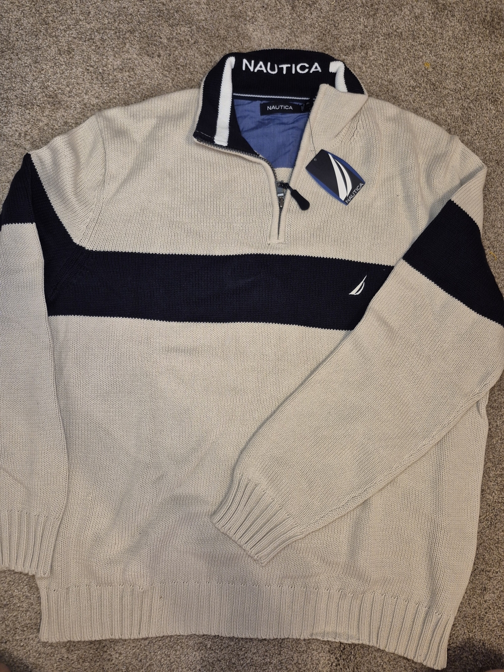 Vintage NWT New Nautica Men's Quarter-Zip Stripe Sweater Beige/Navy XL Cotton